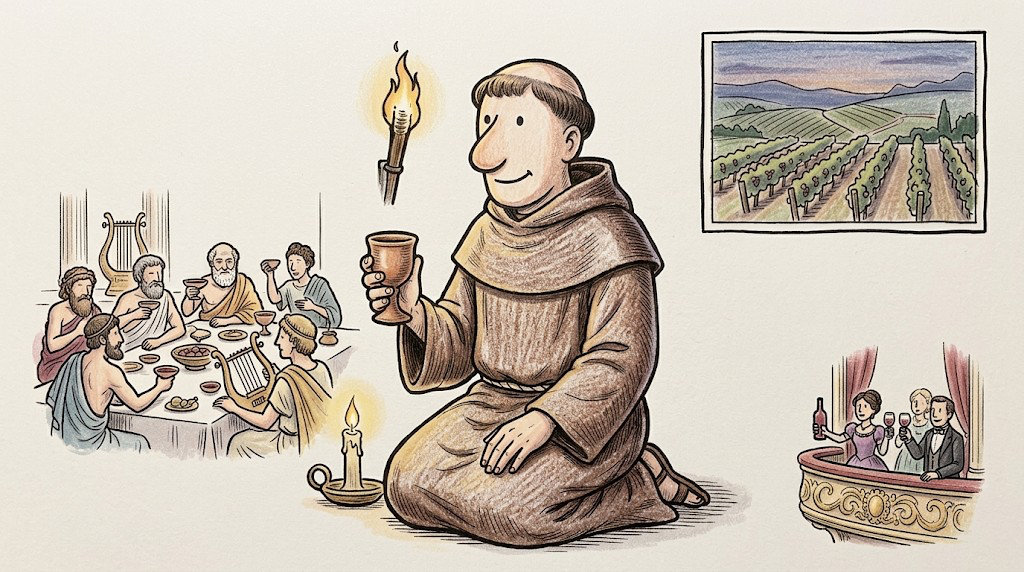Storybook illustration of a monk with a wine cup, framed by an Athenian symposium, a Burgundy vineyard, and an opera toast